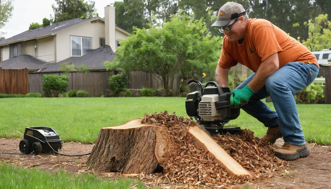 A stump grinder at work on an old stump in a home yard near Bloomfield