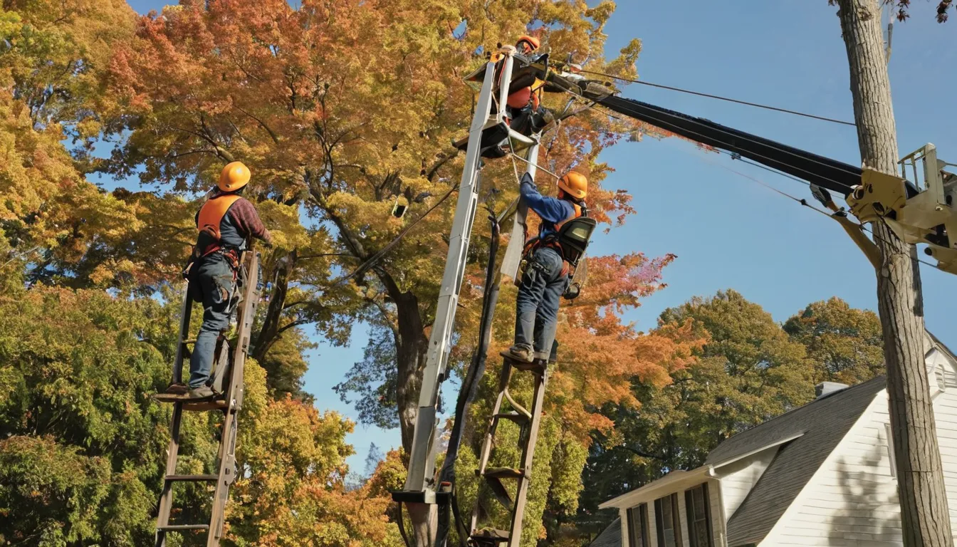 A local tree removal provider cutting down a large tree behind a frame house near Bloomfield